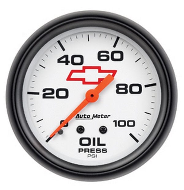 AUTOMETER 2-5/8", White Dial, Full Sweep Mechanical, 0-100 psi Auto Meter Chev Bow-Tie Oil Pressure Gauge AU5821-00406 SR