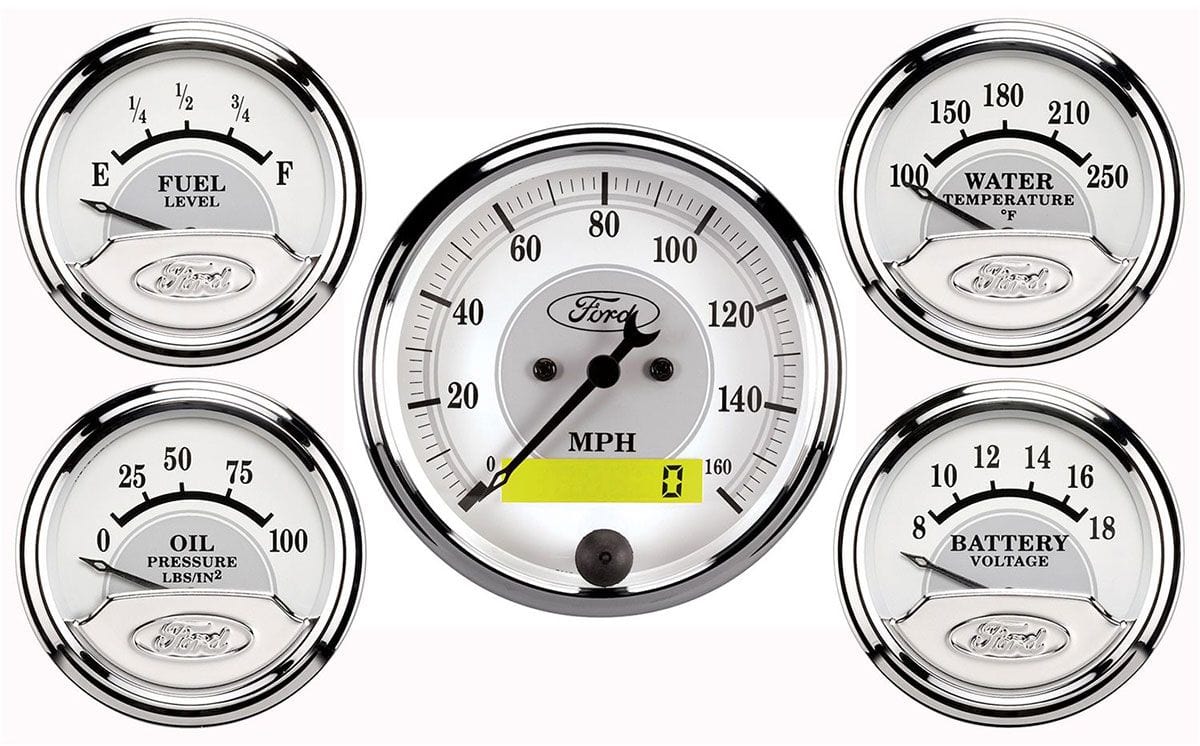 AUTOMETER 3-1/8" Elect Speedo, 2-1/16" Oil Press, Water Temp, Fuel Level, Voltm Auto Meter Ford White Masterpiece 5 Piece Gauge Kit AU880087 SR