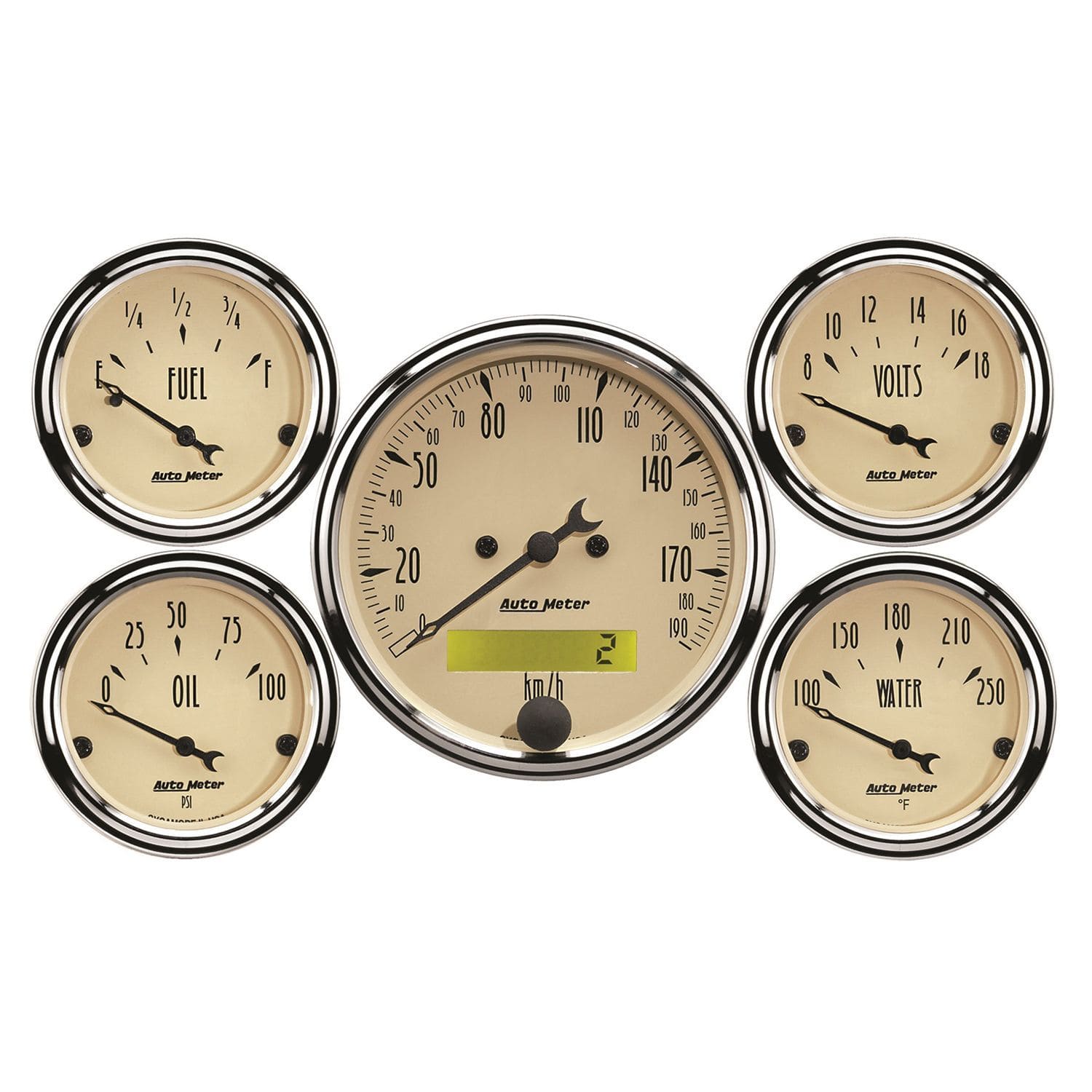 AUTOMETER 3-1/8" Metric Elect Speedo, 2-1/16"; Water Temp, Oil Press, Fuel Leve Auto Meter Antique Beige 5 Gauge Kit AU1809-M SR