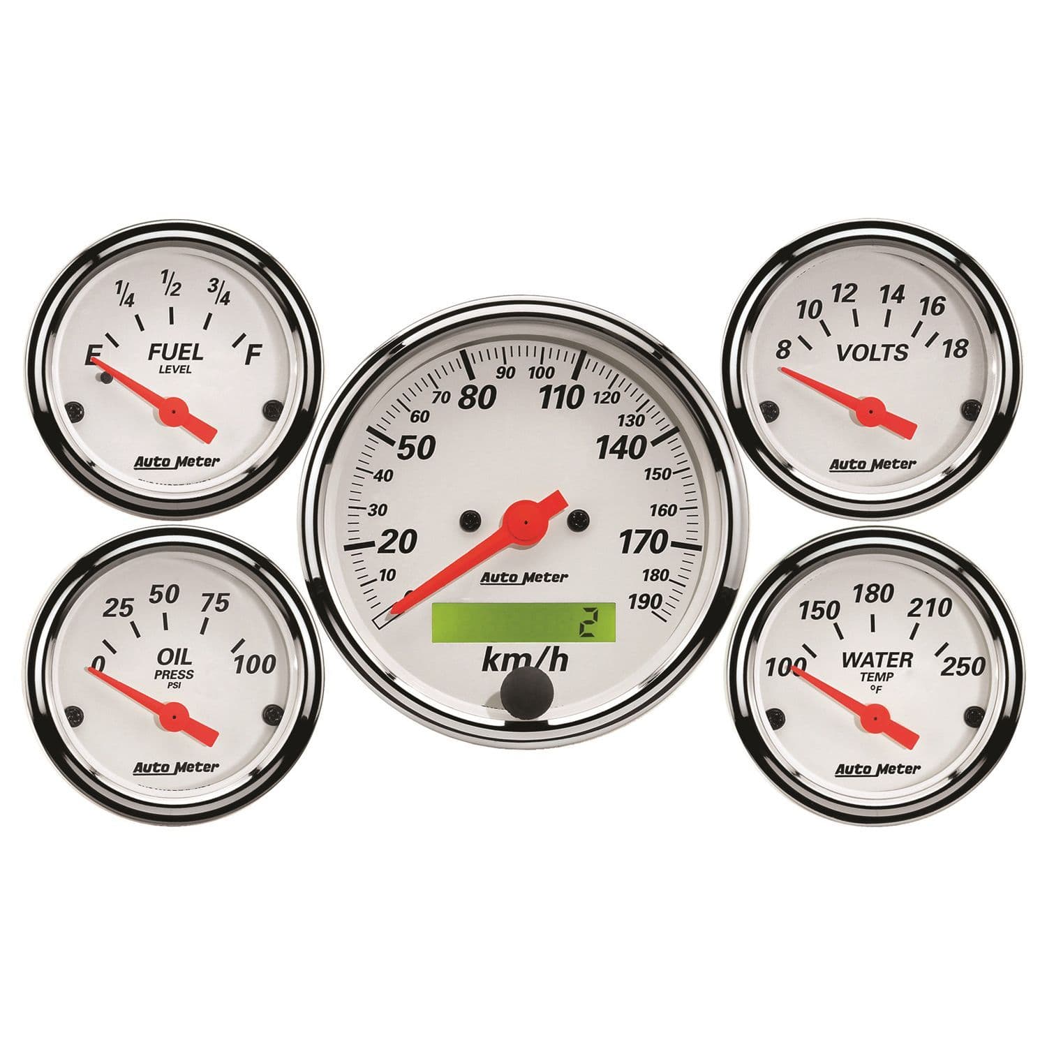 AUTOMETER 3-1/8" Metric Elect Speedo, 2-1/16"; Water Temp, Oil Press, Fuel Leve Auto Meter Arctic White 5 Gauge Kit AU1302-M SR