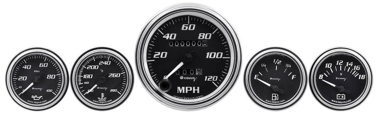 AUTOMETER 3-3/8" 0-120 mph Speedometer, 2" Fuel Level, Water Temperature, Oil P Auto Meter Equus 5 Gauge Black Face Kit AUE7500 SR