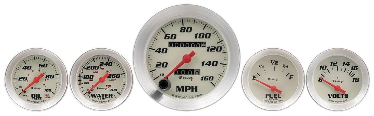 AUTOMETER 3-3/8" 0-120 mph Speedometer, 2" Fuel Level, Water Temperature, Oil P Auto Meter Equus 5 Gauge White Face Kit AUE8500 SR