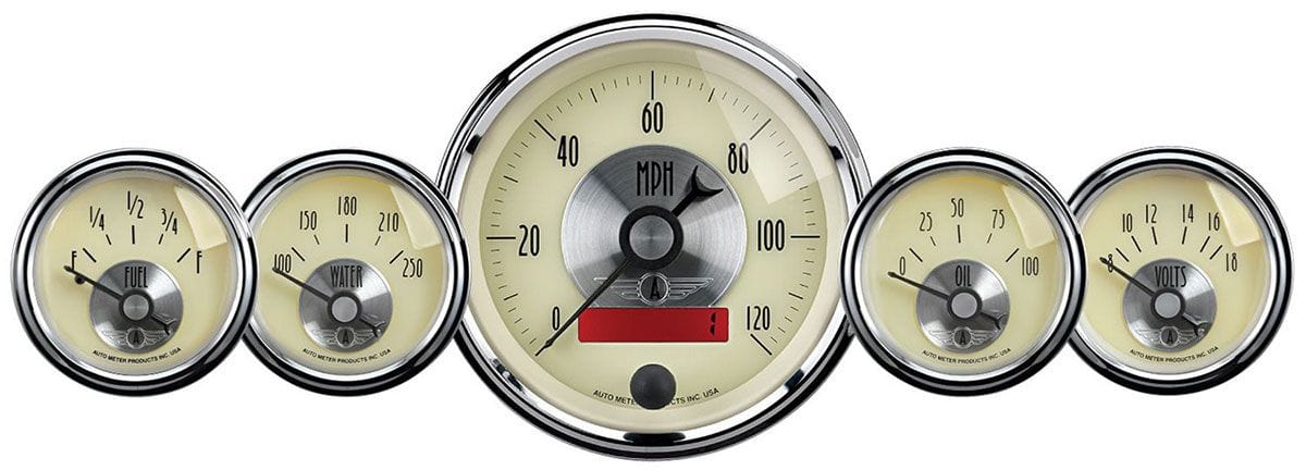 AUTOMETER 3-3/8", Elec Speedometer (LCD Trip), 2-1/16" Fuel Level, Water Temper Auto Meter Prestige Series - Antique Ivory Gauge Kit AU2000 SR