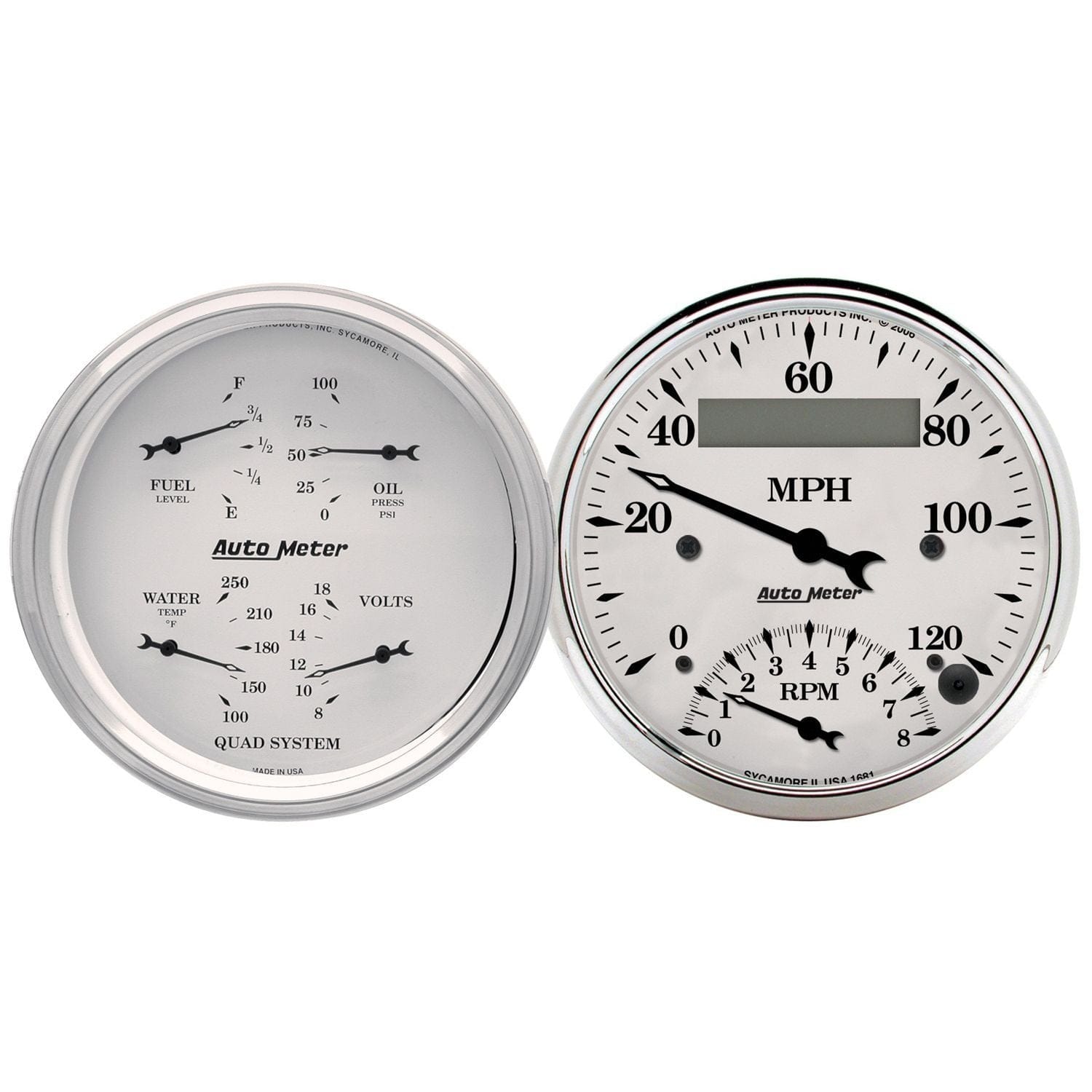 AUTOMETER 3-3/8', Tacho/Speedo, Fuel Level, Water Temperature, Oil Pressure, Vo Auto Meter Old Tyme White Quad Gauge Tach/Speedometer AU1620 SR