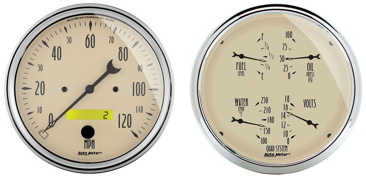 AUTOMETER 5", Speedometer, Fuel Level, Water Temperature, Oil Pressure, Voltmet Auto Meter Antique Beige Quad Gauge/Speedometer Kit AU1803 SR
