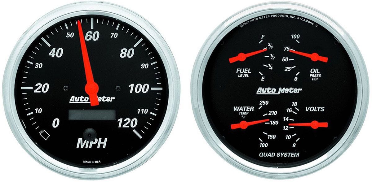 AUTOMETER 5", Speedometer, Fuel Level, Water Temperature, Oil Pressure, Voltmet Auto Meter Designer Black Series Quad Gauge/Speedometer Kit AU1403 SR