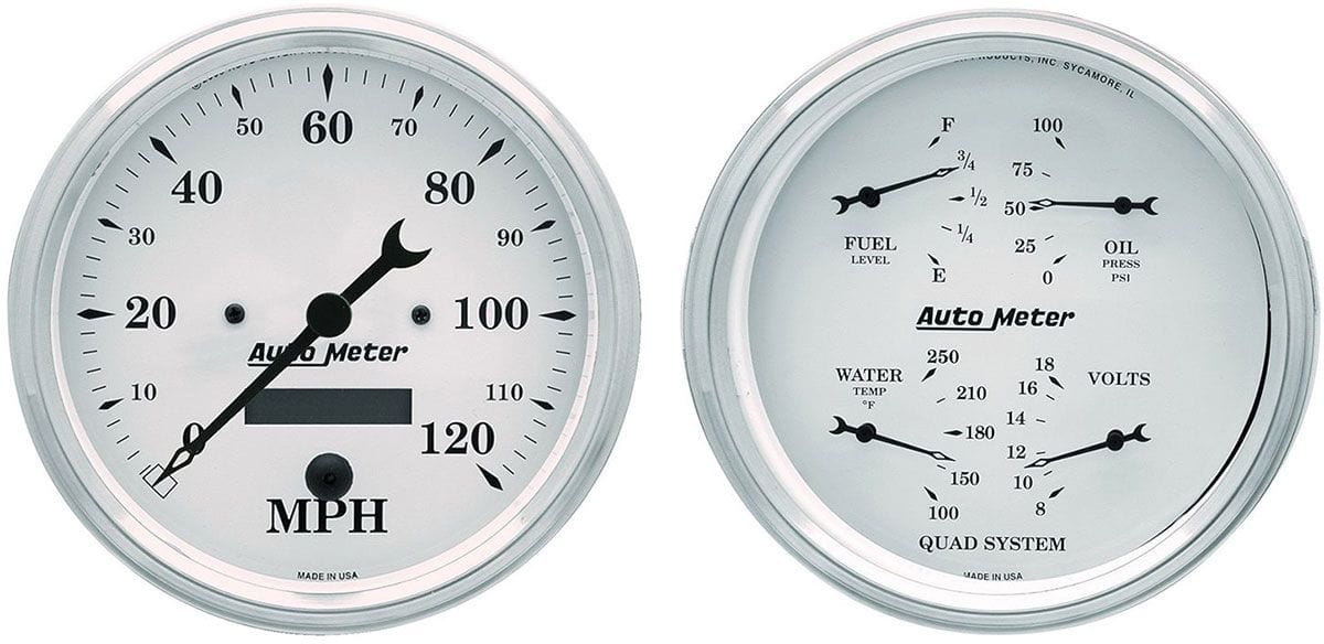 AUTOMETER 5", Speedometer, Fuel Level, Water Temperature, Oil Pressure, Voltmet Auto Meter Old Tyme White Quad Gauge/Speedometer Kit AU1603 SR