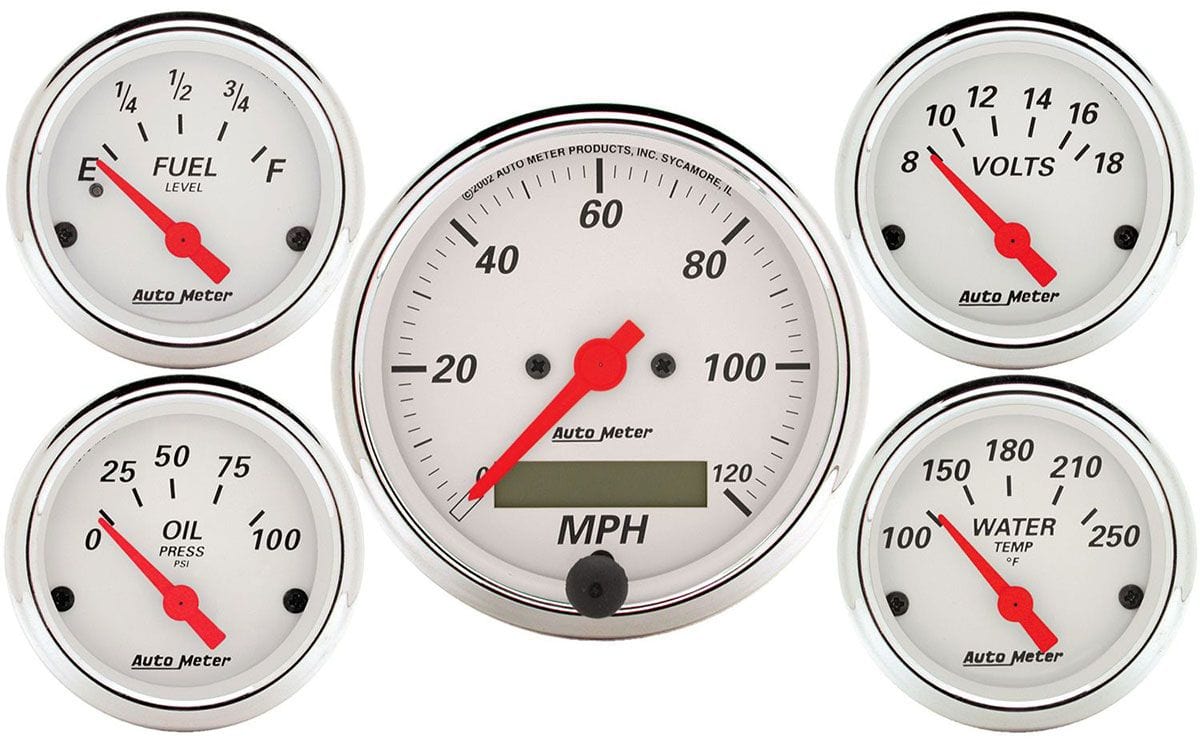 AUTOMETER Electric Speedometer, Fuel Level, Water Temperature, Oil Pressure, Vo Auto Meter Arctic White Series 5-Gauge Kit AU1302 SR