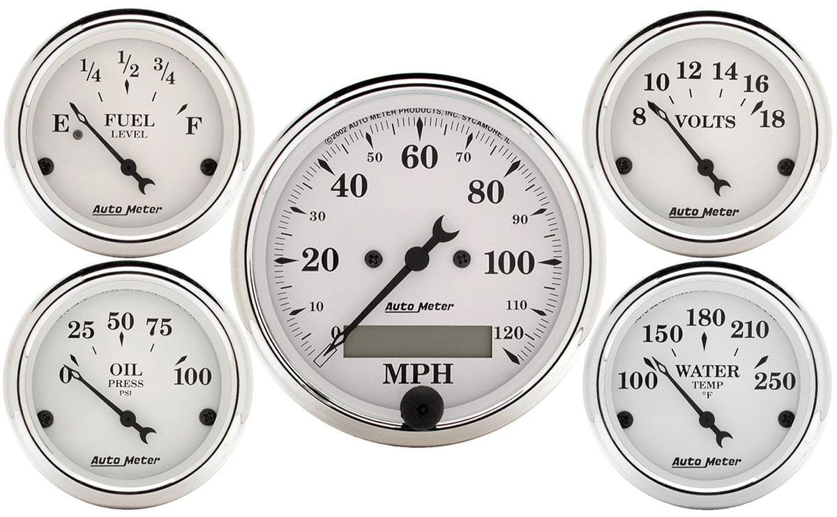 AUTOMETER Electric Speedometer, Fuel Level, Water Temperature, Oil Pressure, Vo Auto Meter Old Tyme White Series 5-Gauge Kit AU1602 SR