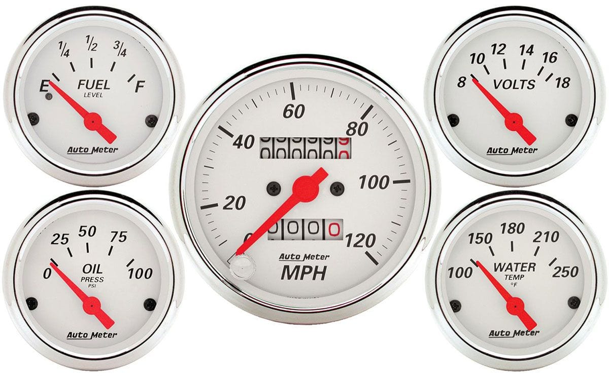 AUTOMETER Mechanical Speedometer, Fuel Level, Water Temperature, Oil Pressure, Auto Meter Arctic White Series 5-Gauge Kit AU1300 SR