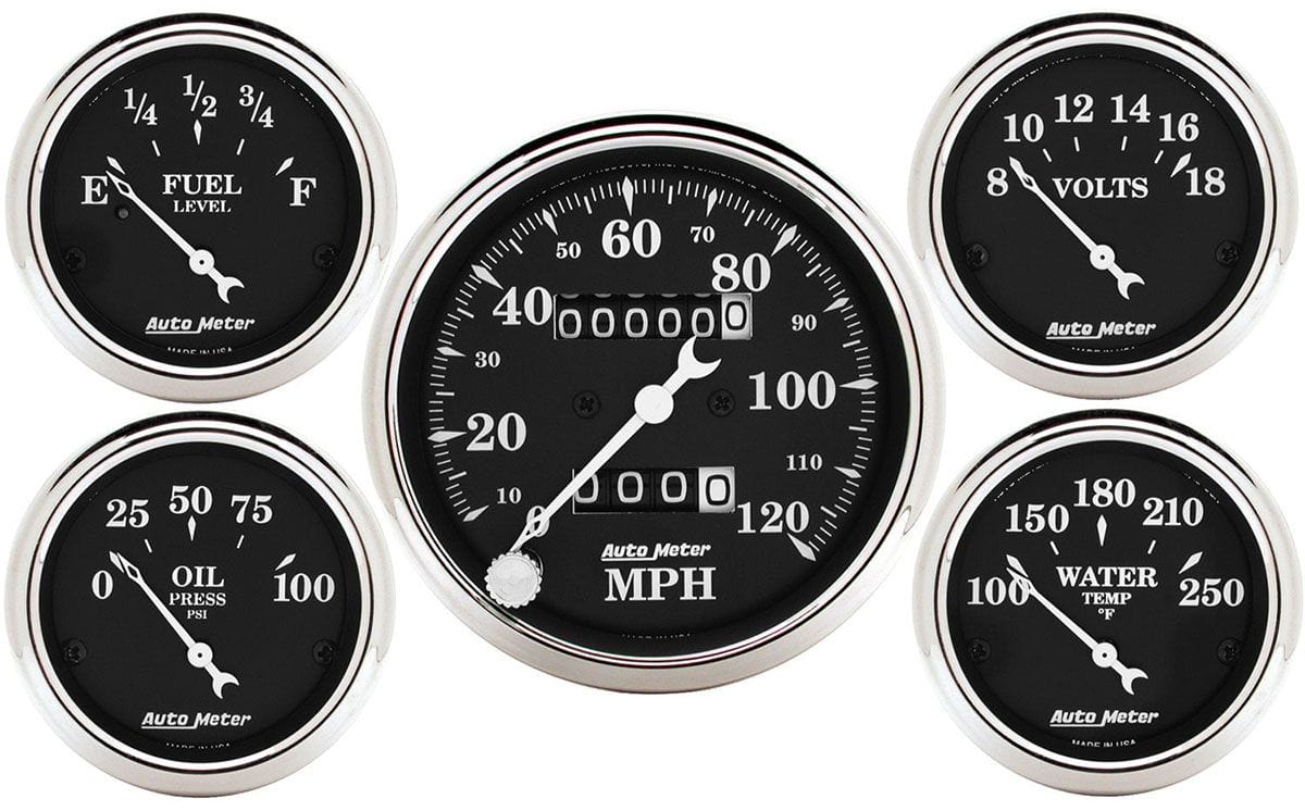 AUTOMETER Mechanical Speedometer, Fuel Level, Water Temperature, Oil Pressure, Auto Meter Old Tyme Black Series 5-Gauge Kit AU1708 SR