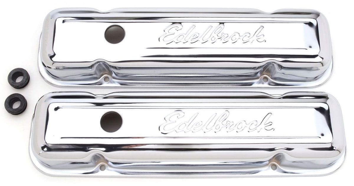 EDELBROCK Pontiac 301-326-350-389-400-421-455 V8 - '62-79 (no baffle), 3" overa Edelbrock Signature Series Chrome Valve Covers ED4456 SR
