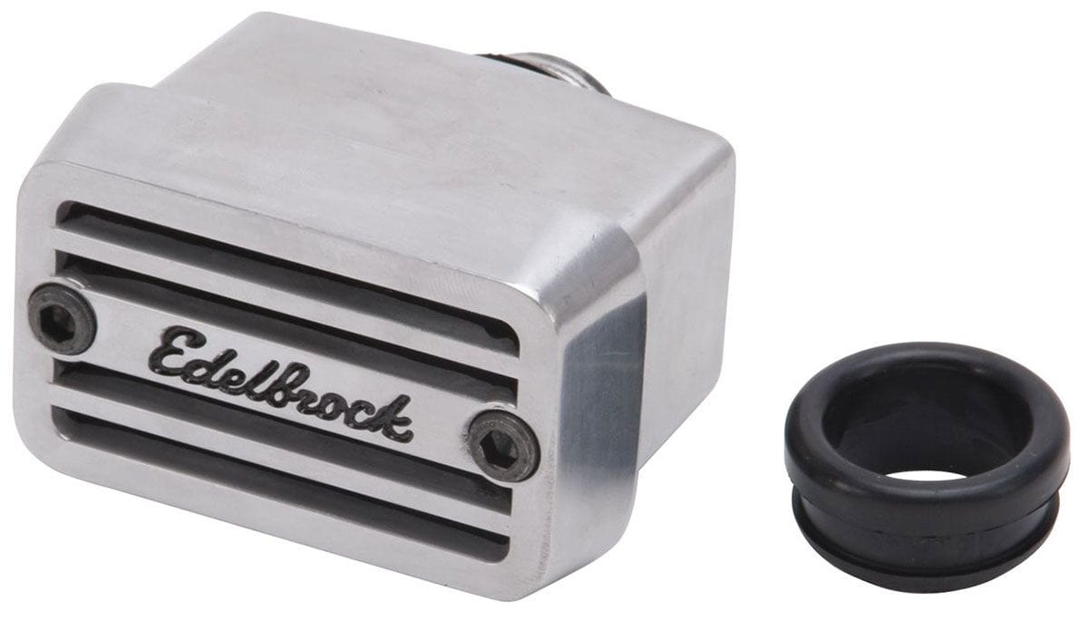 EDELBROCK Push-in style, top-mounting 2-1/2" tall, Polished with logo Edelbrock Elite Series Breathers - Rectangular Aluminium ED4204 SR