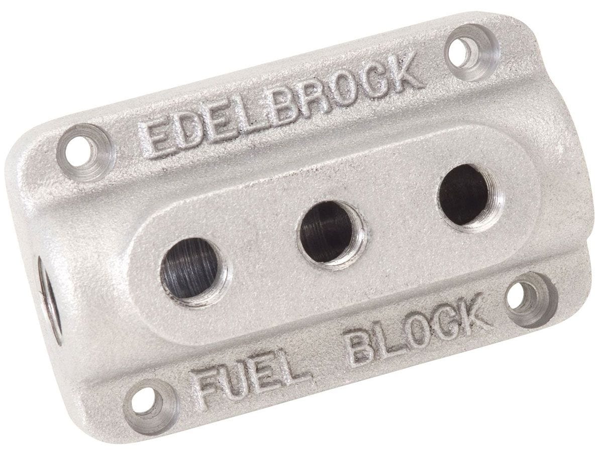 EDELBROCK Triple Outlet Fuel Block, 3/8" inlet, 1/4" outlet Edelbrock Fuel Distribution Block ED1285 SR