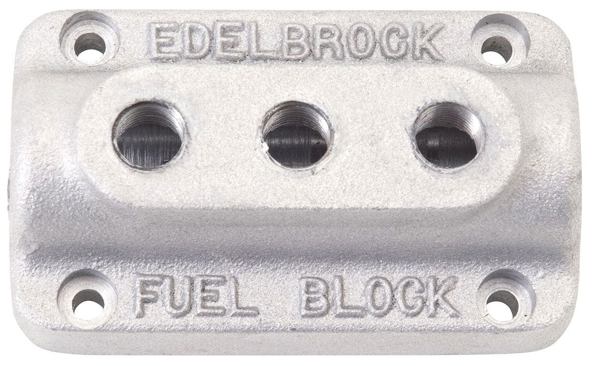 EDELBROCK Triple Outlet Fuel Block, 3/8" inlet, 1/4" outlet Edelbrock Fuel Distribution Block ED1285 SR