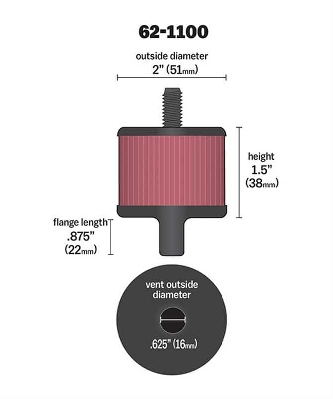 K&N With 1" (25mm) Tube With Stud - KN62-1100 K&N K&N Push-In Vent Filter 2 OD x 1-1/2 H KN62-1100 SR