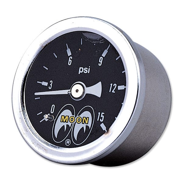 MOONEYES Black Face, Liquid Filled, Direct Mount Mooneyes 1-1/2" Fuel Press Gauge 0-15 PSI MNMPG110LF SR