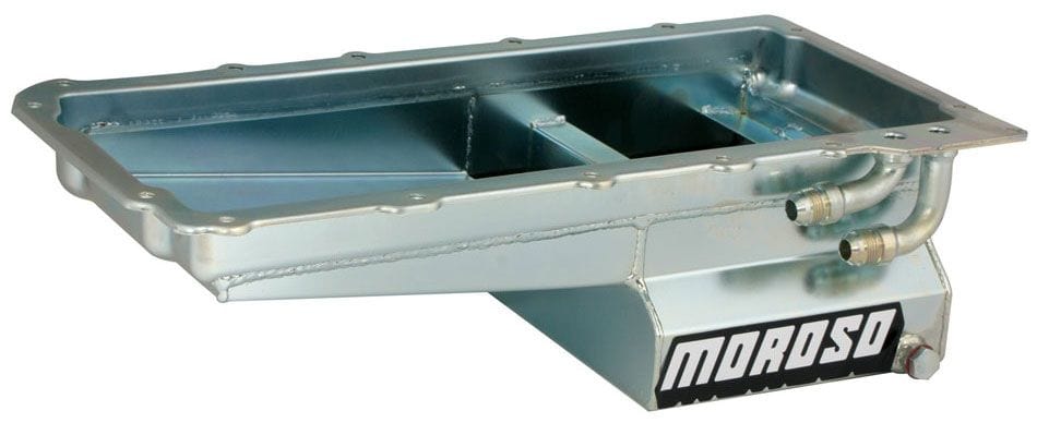 MOROSO Clear Zinc Finish suits GM LS Series Moroso Steel Wet Sump Oil Pan, 6" Deep, Angled Sump MO20141 SR