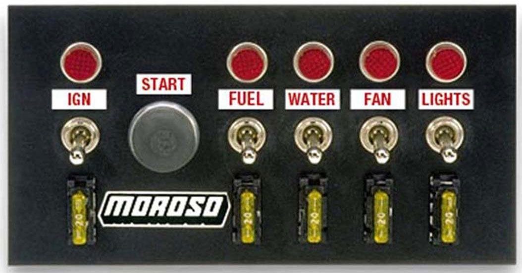 MOROSO Includes: Ignition/Starter Button, Fuel, Water, Fan & Lights Switch Moroso Drag Race Switch Panel, 4" x 7.75" MO74131 SR