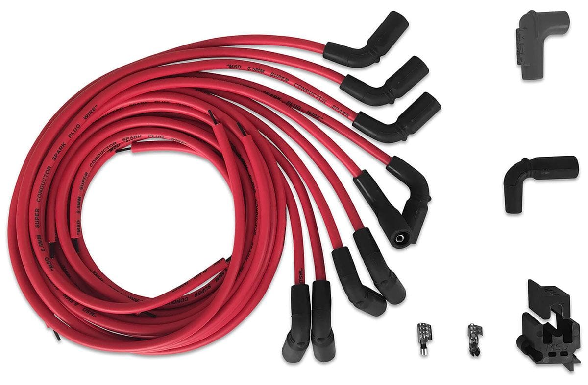 MSD 8.5mm, Red, Universal Chevy LT1, 90° Boot MSD Super Conductor Spark Plug Lead Set MSD32139 SR