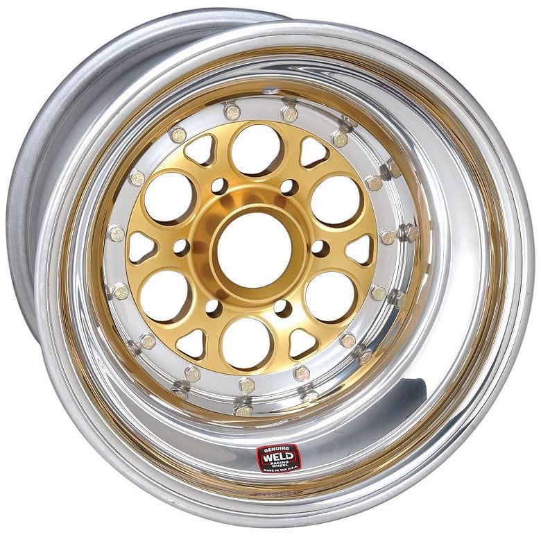 WELD 15" x 18" , 42 Spline, 4" Offset, Outer Bead-Loc With 6-Hole Mud Cover Weld Racing Magnum Sprint Rim - Gold Centre WE735-51854-6 SR