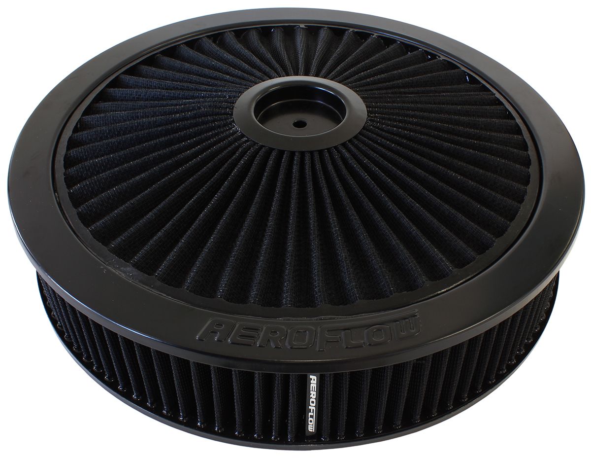 14" x 3" Full Flow Air Filter Assembly, Black
 1-1/8" Drop Base. Washable Cotton Element. Fits 5-1/8" Neck