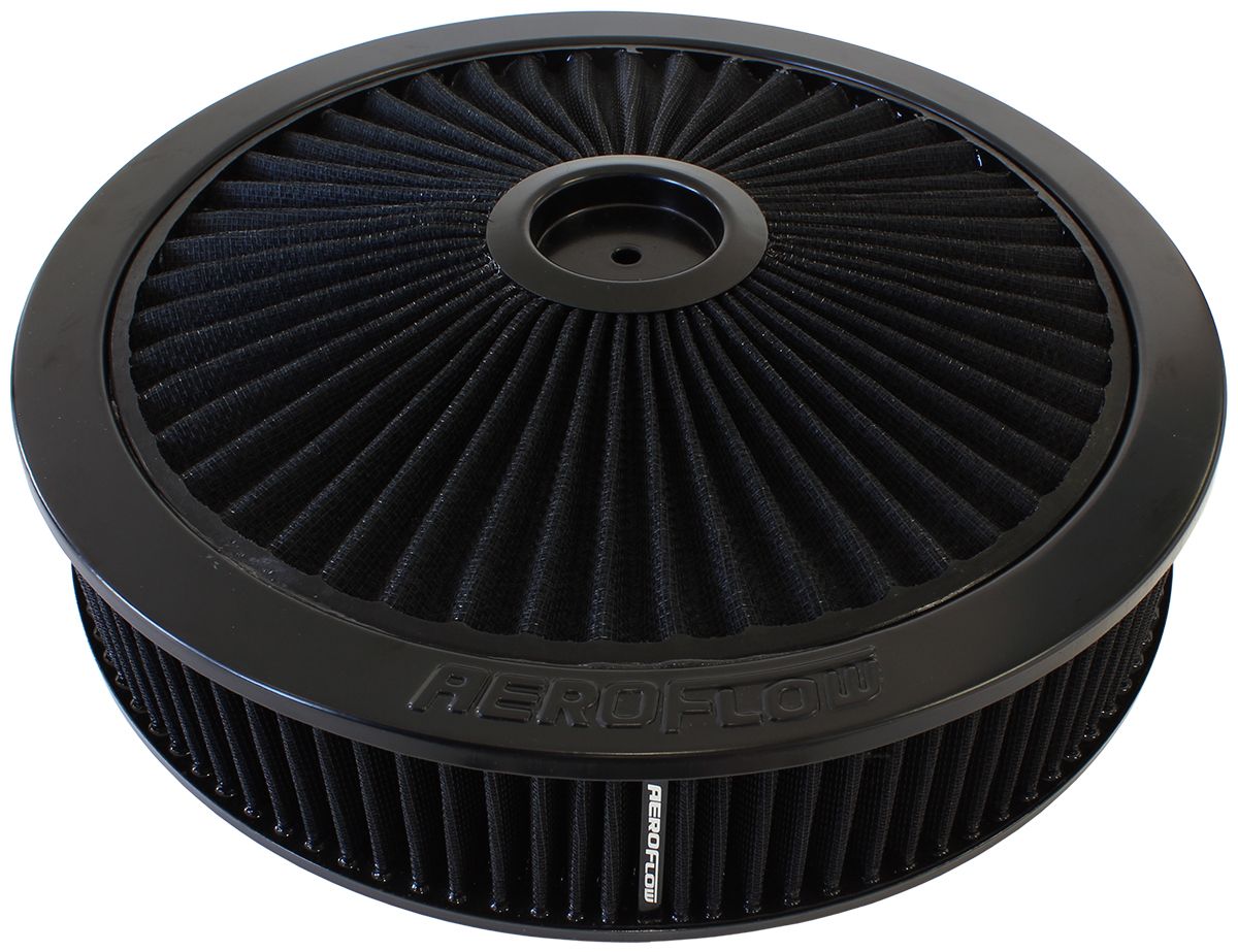 Black Full Flow Air Filter Assembly
 14" x 3", 7-5/16" neck,Flat Base with black washable cotton element