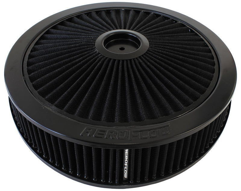 Black Full Flow 14" x 4" Air Filter Assembly 
7-5/16" neck, Flat Base with black washable cotton element