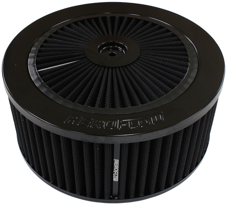 Black Full Flow Air Filter Assembly
 9" x 4", 7-5/16" neck,Flat Base with black washable cotton element