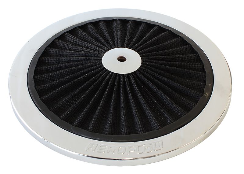 Chrome Full Flow Air Filter Top Plate  
9" diameter, black washable cotton element