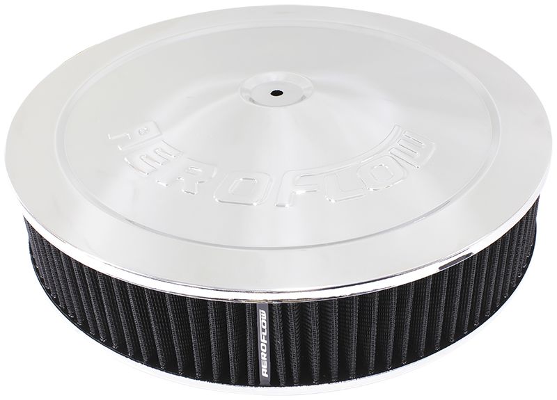 Chrome Air Filter Assembly
 14" x 3", 7-5/16" neck,Flat Base with black washable cotton element