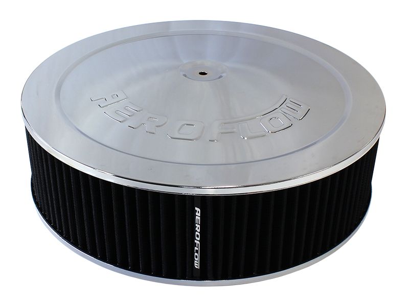 Chrome Air Filter Assembly
 14" x 4", 7-5/16" neck,Flat Base with black washable cotton element