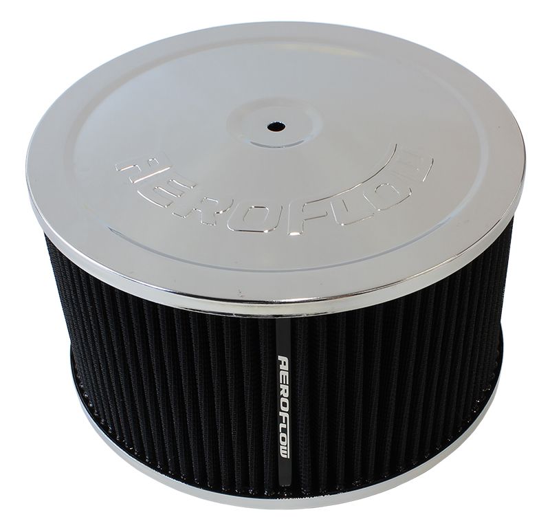 Chrome Air Filter Assembly
 9" x 5", 7-5/16" neck,Flat Base with black washable cotton element