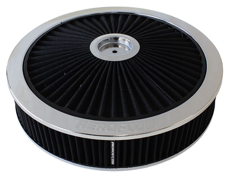 Chrome Full Flow Air Filter Assembly with 1-1/8" Drop base 
14" x 3", 5-1/8" neck, black washable cotton element