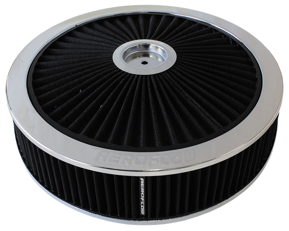 Chrome Full Flow Air Filter Assembly
 14" x 4", 7-5/16" neck,Flat Base with black washable cotton element