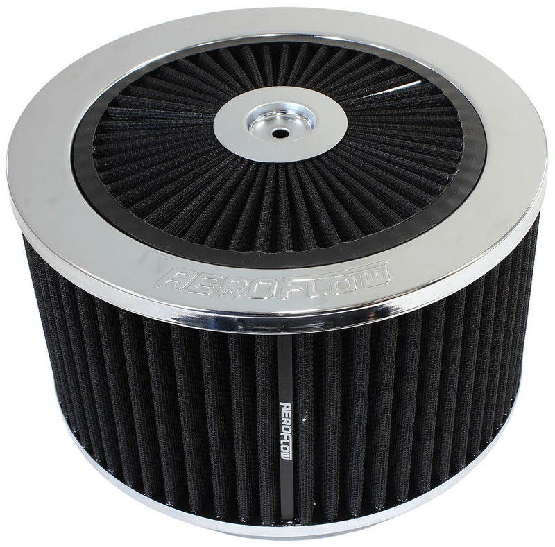 Chrome Full Flow Air Filter Assembly
 9" x 4", 7-5/16" neck,Flat Base with black washable cotton element