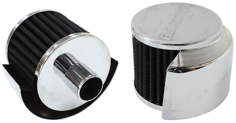 Chrome Push In Breather With Chrome Shield 
3" (76.2mm) O.D. x 2-1/2" (63.5mm) High, 1" (25.4mm) Flange Inside Diameter