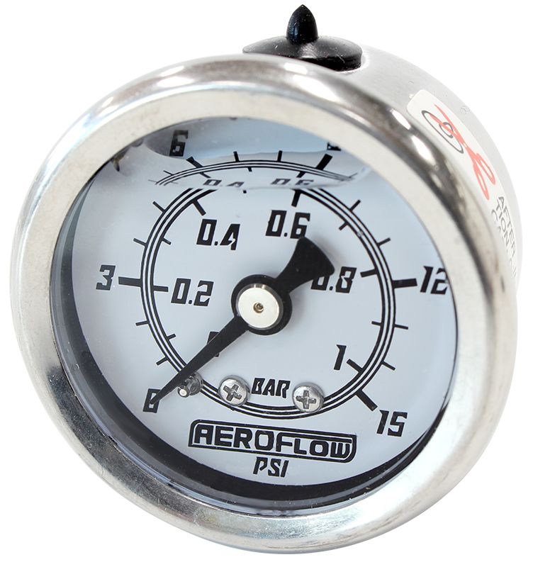 1-1/2" Liquid Filled 15 psi Pressure Gauge 
White Face, Black Pointer, 1/8" NPT Male Thread