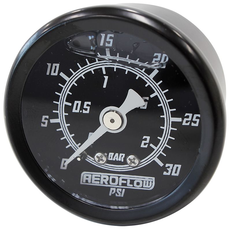 1-1/2" Liquid Filled 30 psi Pressure Gauge 
Black Face, White Pointer, 1/8" NPT Male Thread