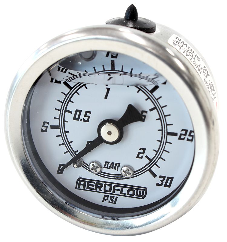 1-1/2" Liquid Filled 30 psi Pressure Gauge 
White Face, Black Pointer, 1/8" NPT Male Thread