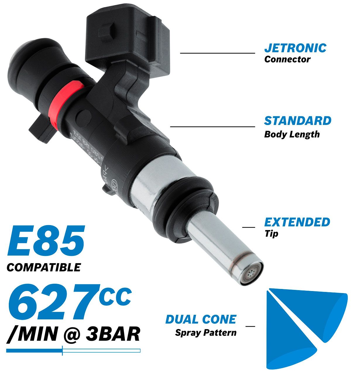 Aeroflow Bosch Motorsport 627cc EV14 Medium JETRONIC Fuel Injector with Extended Tip AF49