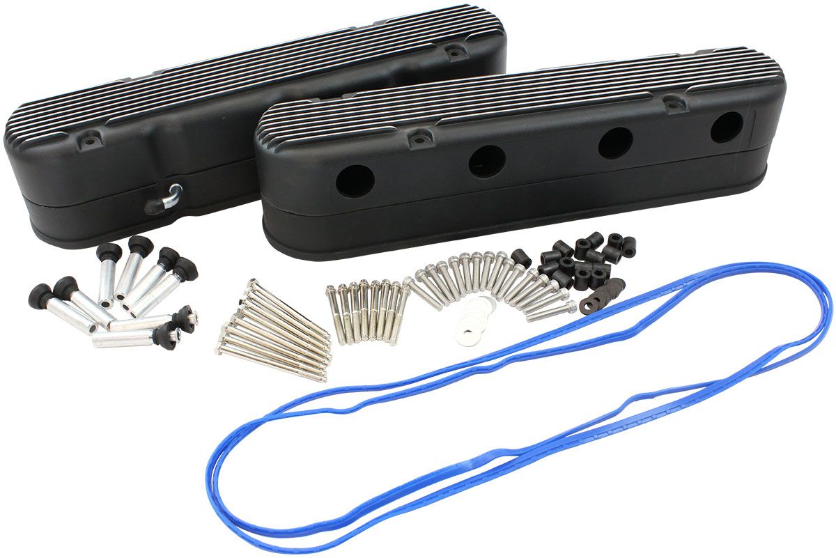 GM LS 2 Piece Retro Finned Valve Cover Set, Black Finish