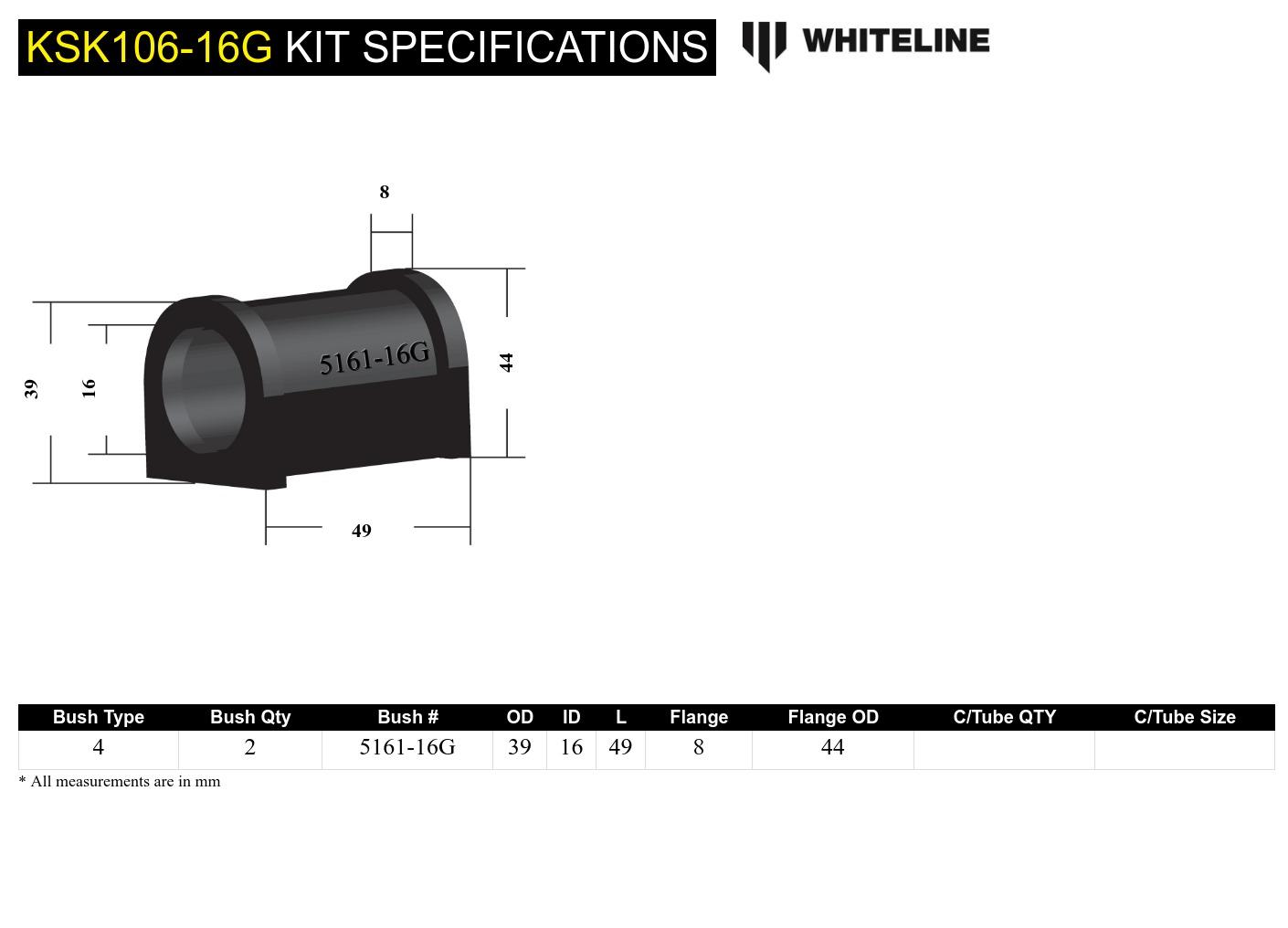 Rear Sway Bar Mount - Bushing Kit 16mm to Suit Whiteline Sway Bars