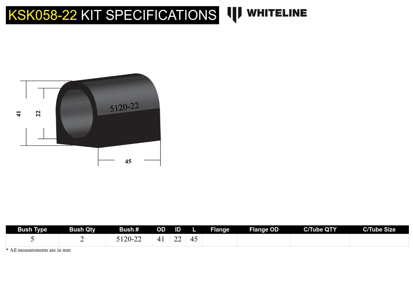 Rear Sway Bar Mount - Bushing Kit 22mm to Suit Whiteline Sway Bars