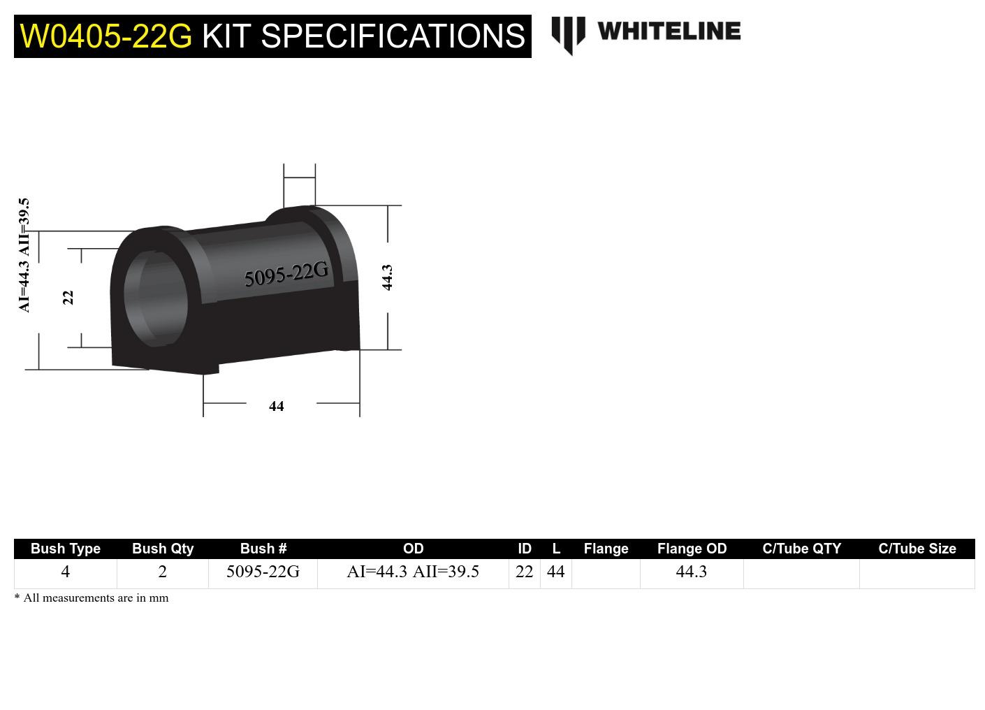 Front Sway Bar Mount - Bushing Kit 22mm 'Grease Free' to Suit Subaru Forester, Impreza and Liberty