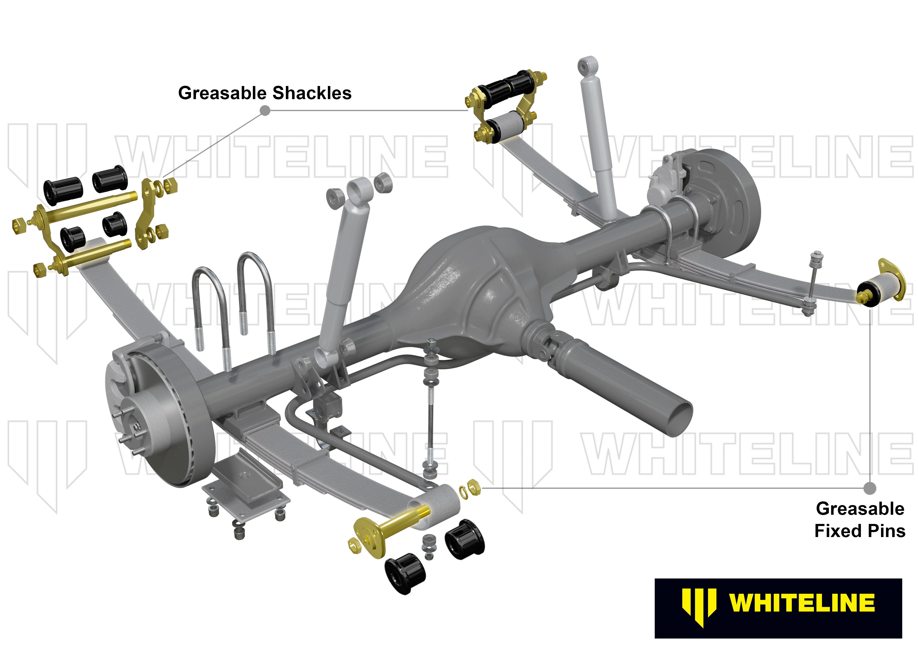 Rear Leaf Spring - Bushing and Greaseable Shackle/Pin Kit to Suit Toyota Hilux 2015-on 4wd