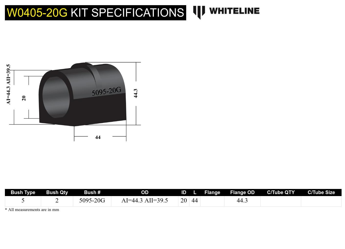 Front Sway Bar Mount - Bushing Kit 20mm 'Grease Free' to Suit Subaru Forester, Impreza and Liberty