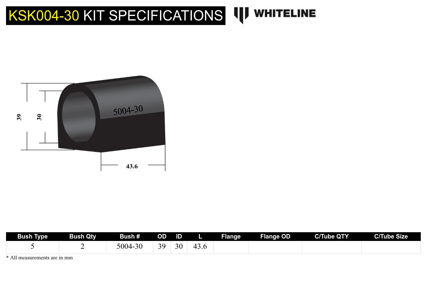 Front Sway Bar Mount - Bushing Kit 30mm to Suit Whiteline Sway Bars