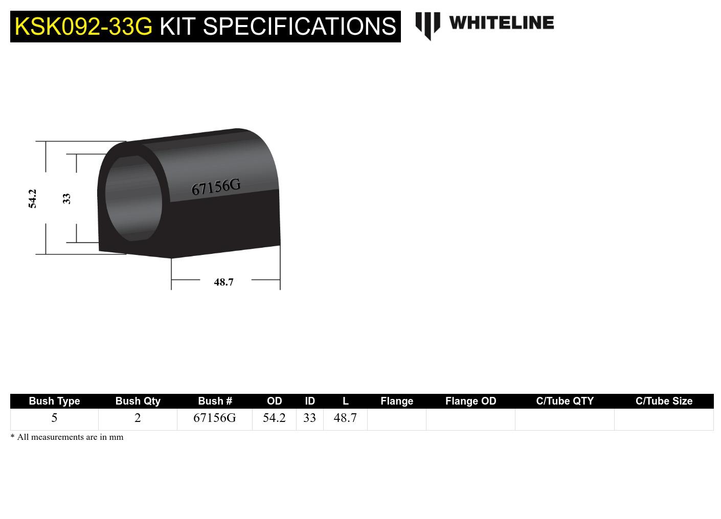 Front Sway Bar Mount - Bushing Kit 33mm to Suit Whiteline Sway Bars