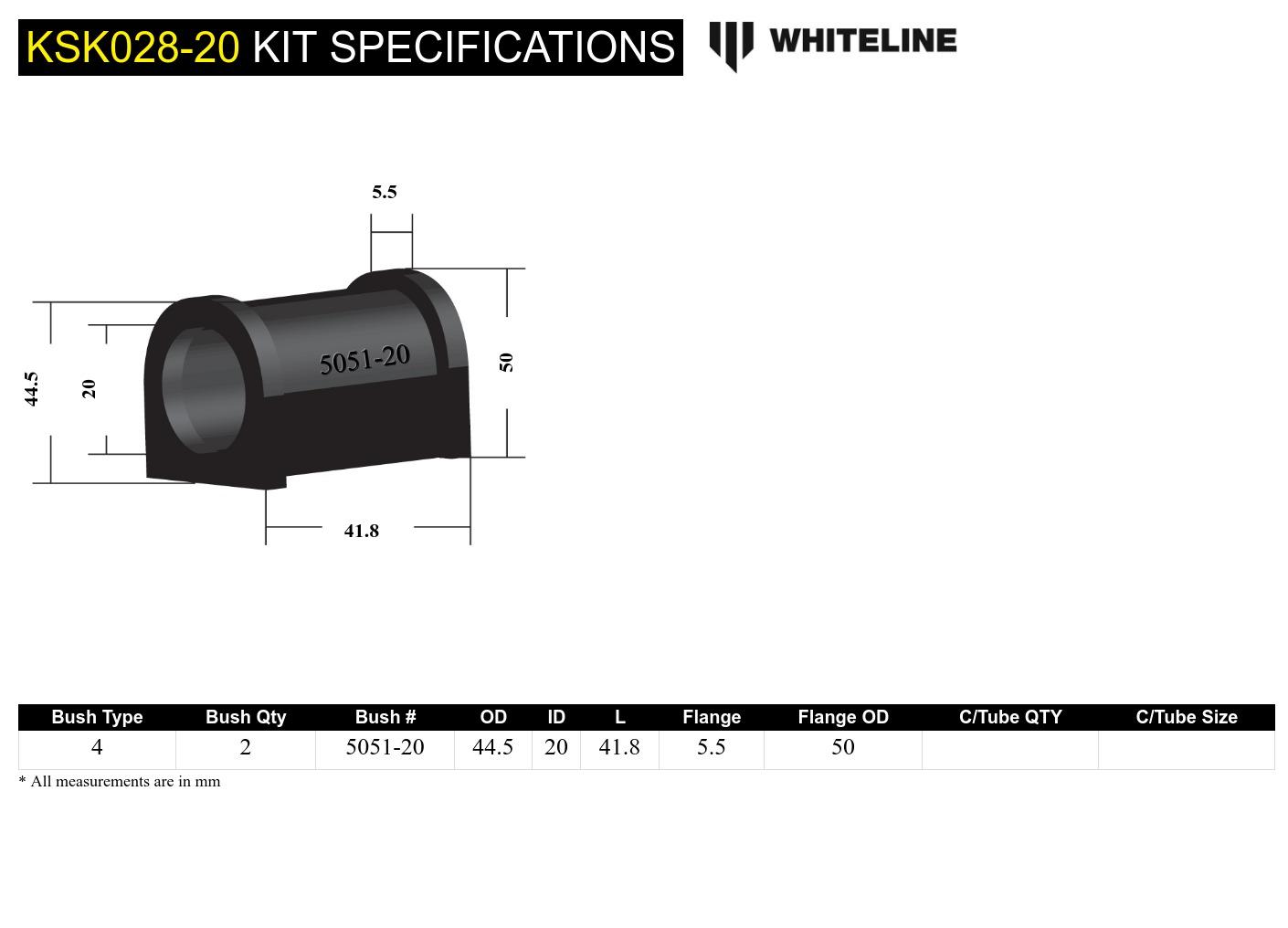 Front Sway Bar Mount - Bushing Kit 20mm to Suit Whiteline Sway Bars